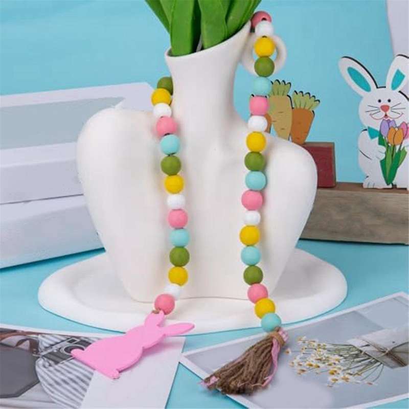 Easter Wood Bead Garland, Pink Bunny Spring Wood Beads Garland with , Wooden Beaded Easter Boho Deco