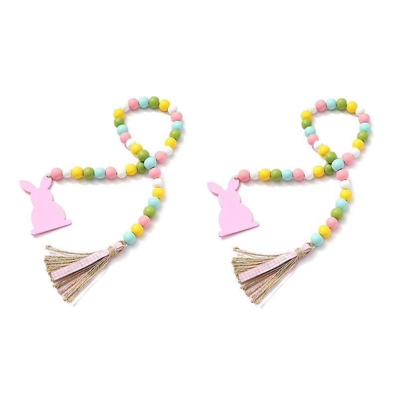 Easter Wood Bead Garland, Pink Bunny Spring Wood Beads Garland with , Wooden Beaded Easter Boho Deco