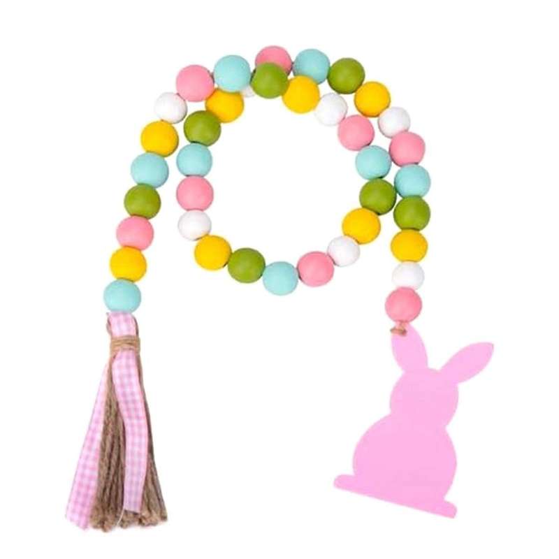 Easter Wood Bead Garland, Pink Bunny Spring Wood Beads Garland with , Wooden Beaded Easter Boho Deco