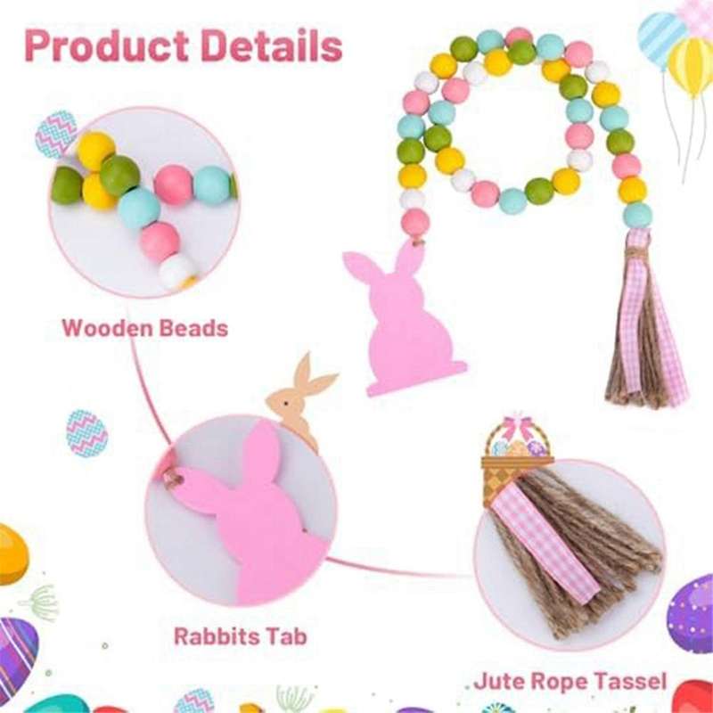 Easter Wood Bead Garland, Pink Bunny Spring Wood Beads Garland with , Wooden Beaded Easter Boho Deco