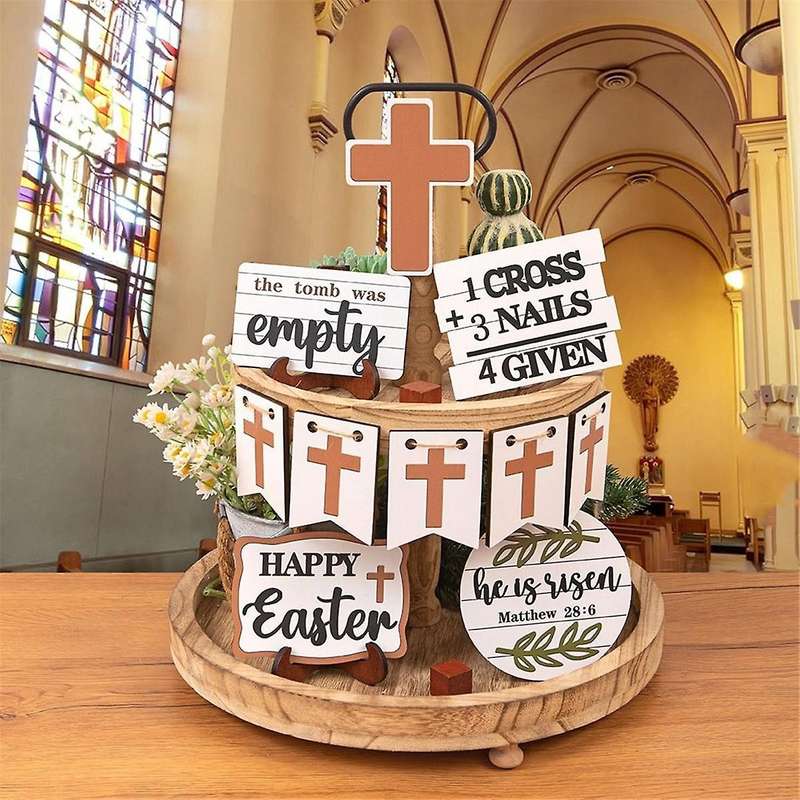 Easter Tiered Tray Decoration Set White Dove Tabletop Wooden Craft for 2024 Holiday Party Supplies H