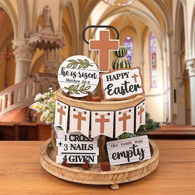 Easter Tiered Tray Decoration Set White Dove Tabletop Wooden Craft for 2024 Holiday Party Supplies H