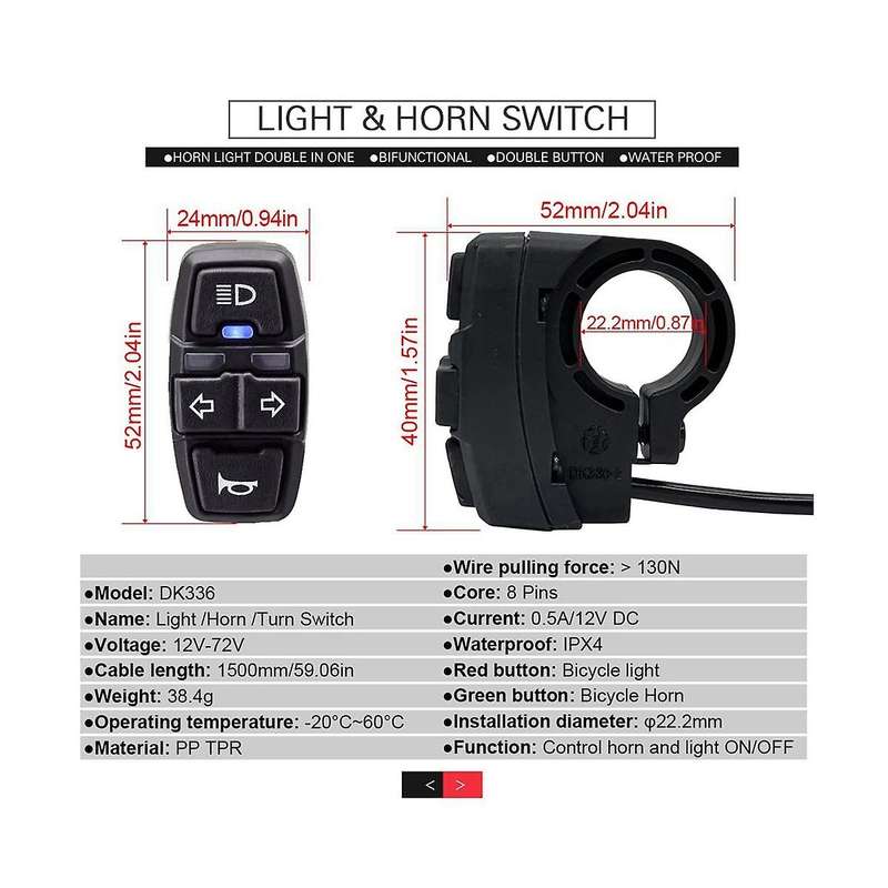 E-bike Switch Dk336 with Front Light Taillight S M Plug Warning Light Turn Signal and Horn Ebike Ac