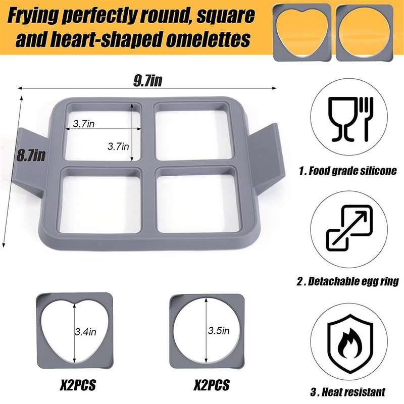 Egg Rings for Frying Eggs, 3in1 Silicone Round Square Heart Fried Egg Cooker Ring for Blackstone, Gr