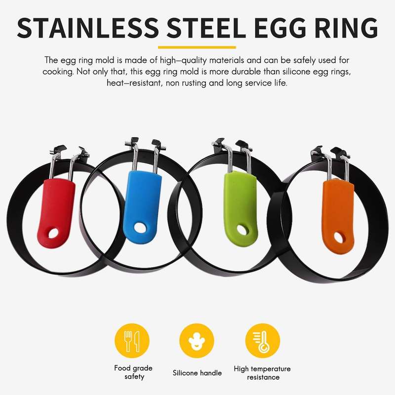 Egg Rings,4pcs Stainless Steel Egg Rings Non Stick Set with Folding Handle,cooking Tool Suitable Fo