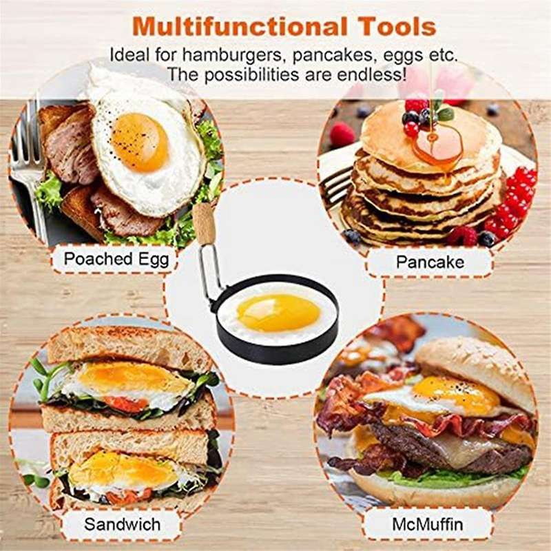 Egg Ring with Wooden Handle, -Ring for Frying Eggs, Round Mold for Muffins - Griddle Cooking Shaper