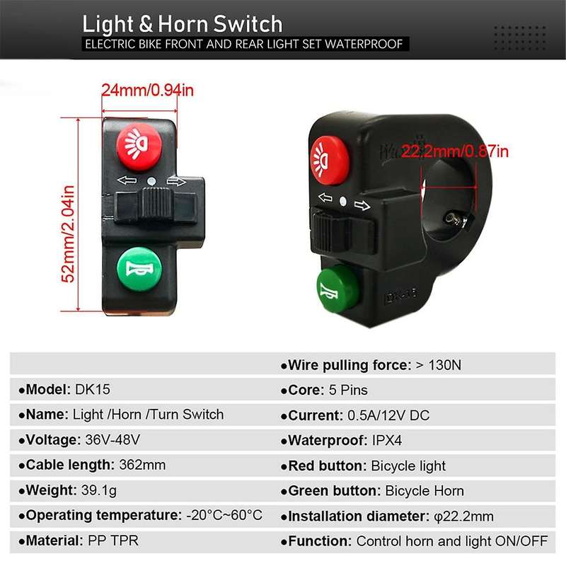 Electric Bike 36v-48v Front Light Rear Light Turn Signal Brake Light Dk15 Turn Horn Switch Ebike Acc