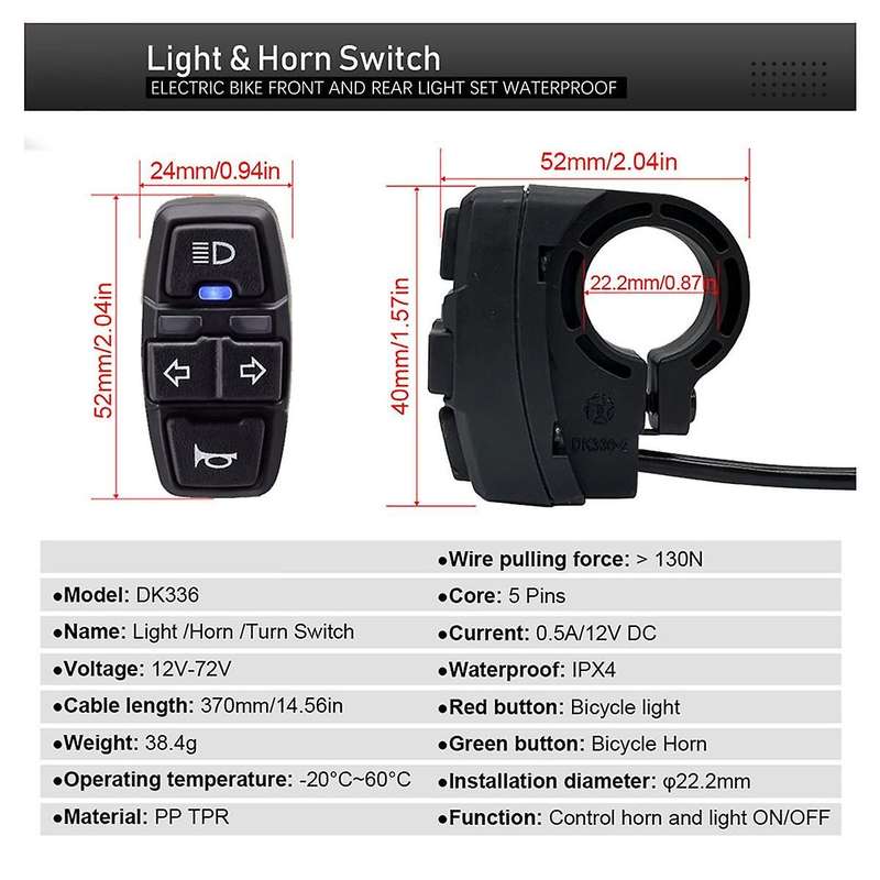 Electric Bike Headlight and Rear Light Set Waterproof Dk336 Turn Horn Switch for 8pin 9pin Controlle