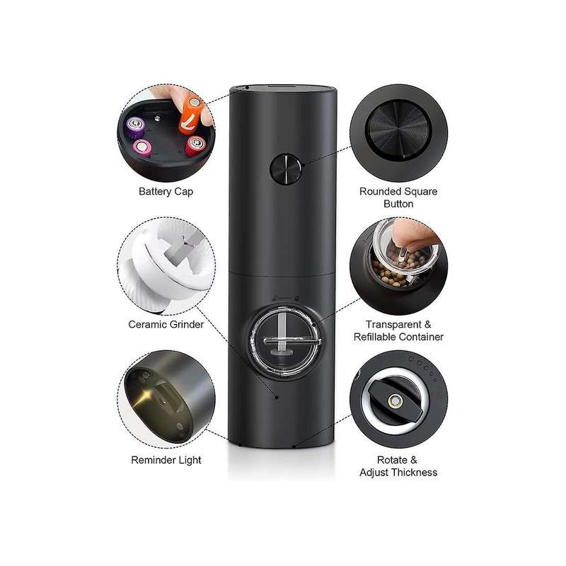 Electric Salt and Pepper Mill Set, Battery Operated Black Pepper Mill with Base, 5 Coarse Levels, A