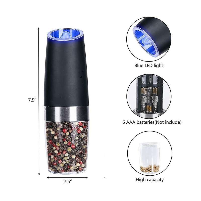 Electric Salt and Pepper Mill Set, Automatic Gravity Sensor Spice Mills, Salt Mill with Led Light
