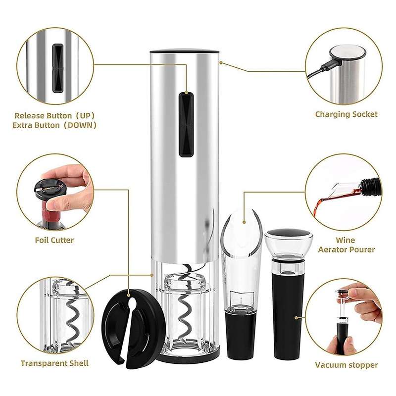 Electric Wine Corkscrew with Reusable Stainless Steel Cordless Electric Wine Corkscrew Set with Char