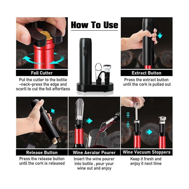 Electric Wine Opener Set with Charging Base Automatic Corkscrew with Aerator Pourer and Foil Cutter