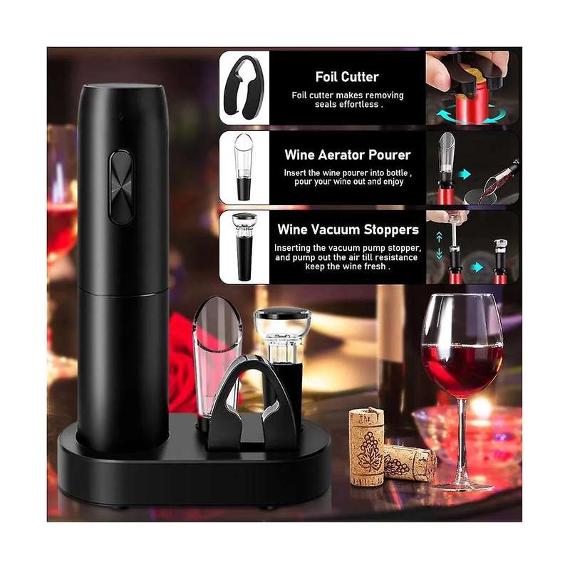 Electric Wine Opener Set with Charging Base Automatic Corkscrew with Aerator Pourer and Foil Cutter