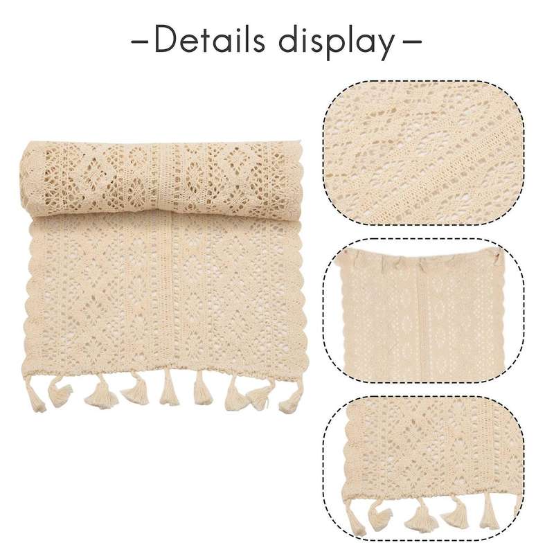 Elegant Cream Crochet Lace Macrame Table Runner with Tassels for Rustic Chic Wedding Reception Tabl