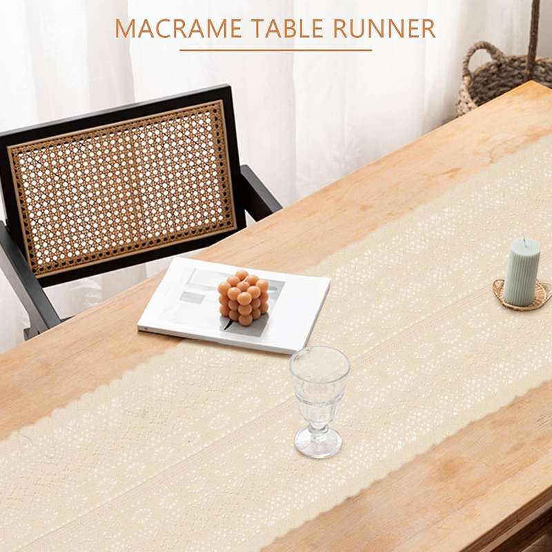 Elegant Cream Crochet Lace Macrame Table Runner with Tassels for Rustic Chic Wedding Reception Tabl