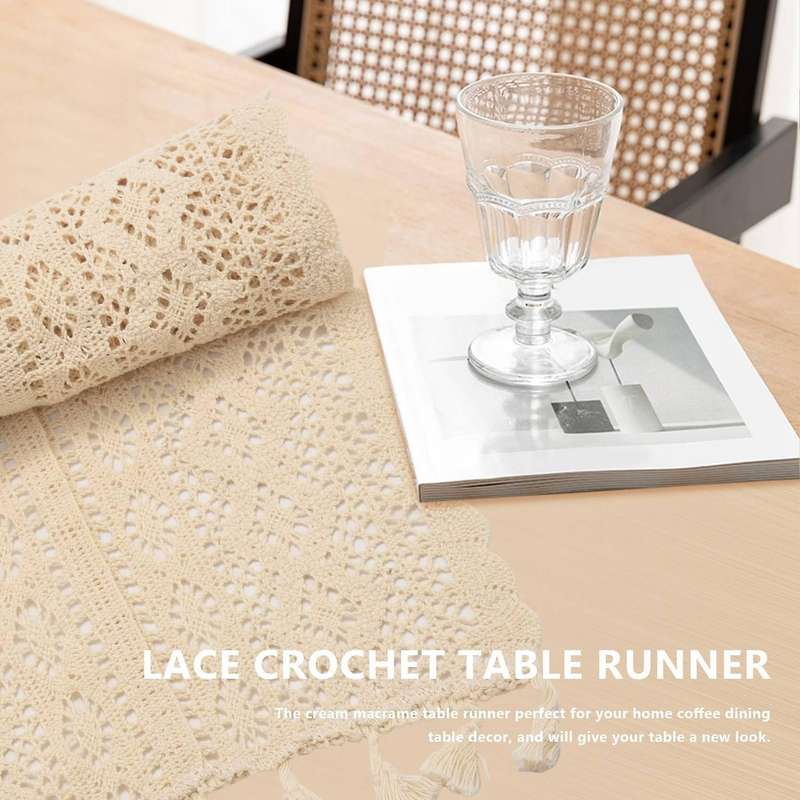 Elegant Cream Crochet Lace Macrame Table Runner with Tassels for Rustic Chic Wedding Reception Tabl