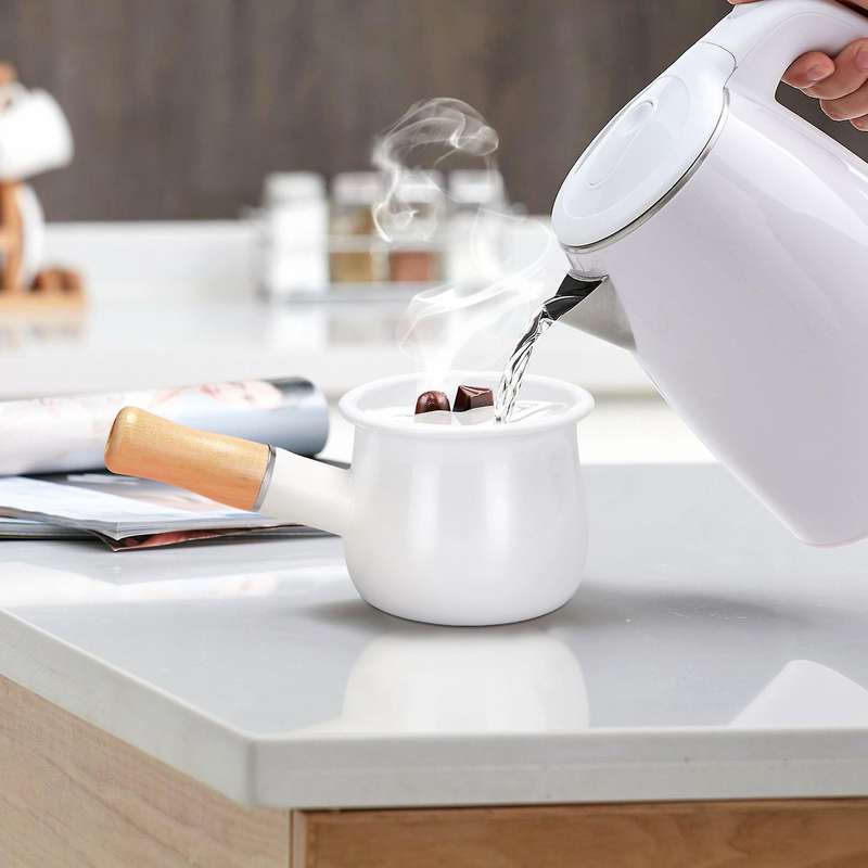 Enamel Milk , Mini Butter 10cm Enamelware Saucepan Cookware with Wooden Handle, Perfect Size for He