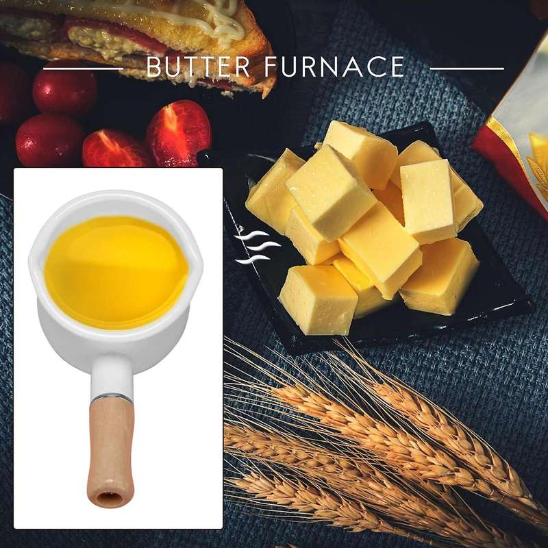 Enamel Milk , Mini Butter 10cm Enamelware Saucepan Cookware with Wooden Handle, Perfect Size for He