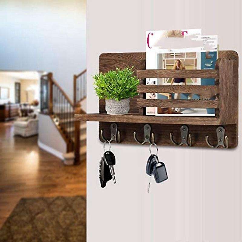 Entryway Mail Envelope Organizer with 4 Key Hooks , Rustic Wood Mail Holder Shelf with Key Hooks Fo