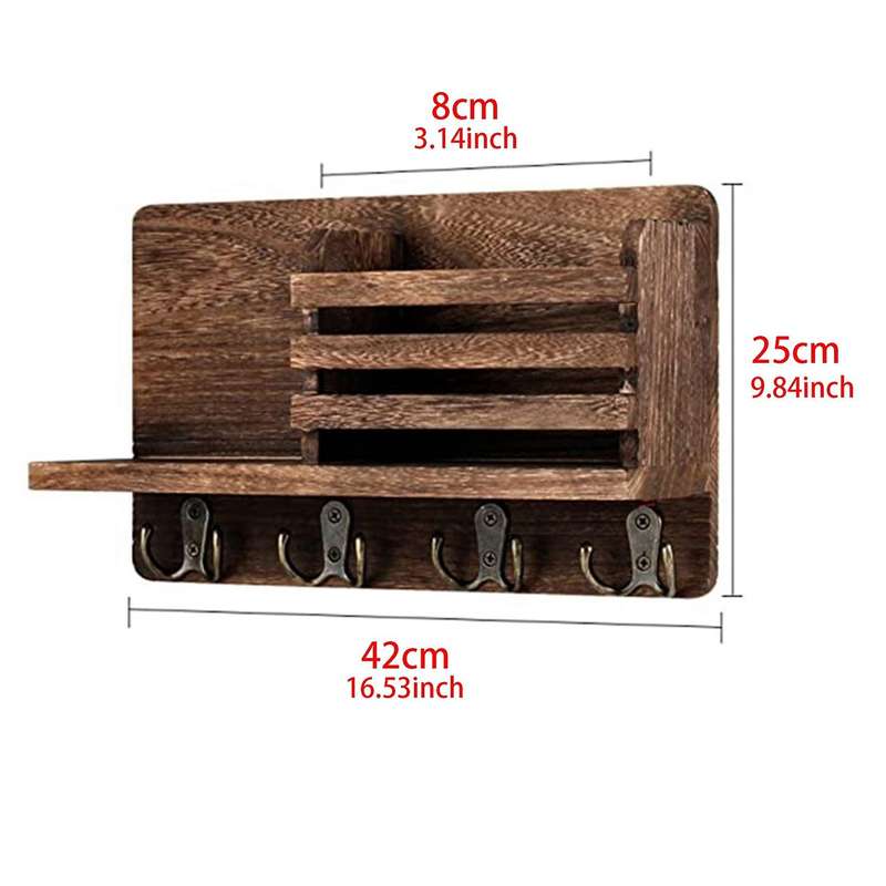 Entryway Mail Envelope Organizer with 4 Key Hooks , Rustic Wood Mail Holder Shelf with Key Hooks Fo