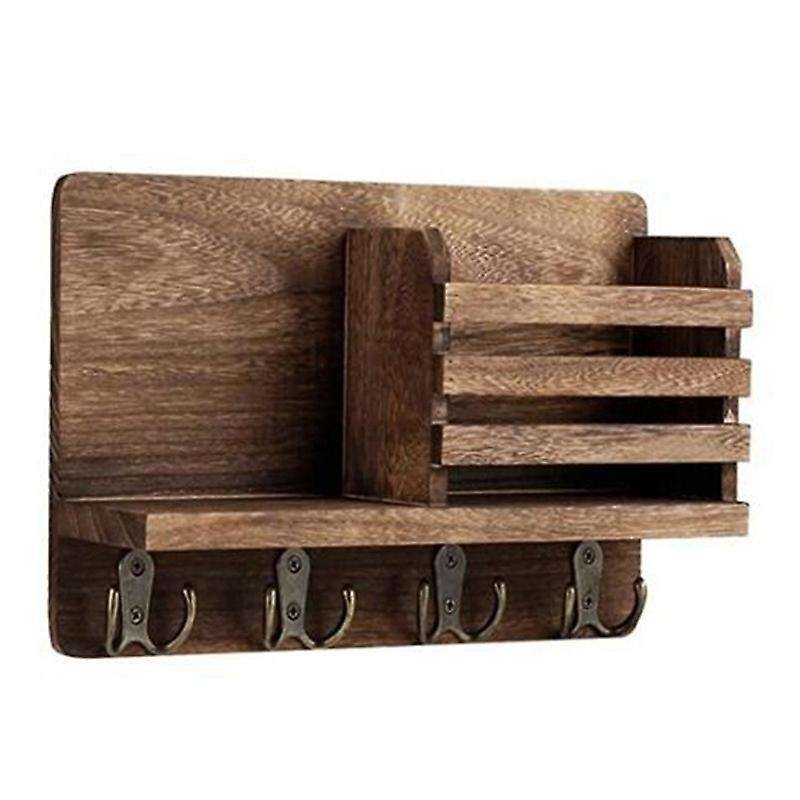 Entryway Mail Envelope Organizer with 4 Key Hooks , Rustic Wood Mail Holder Shelf with Key Hooks Fo