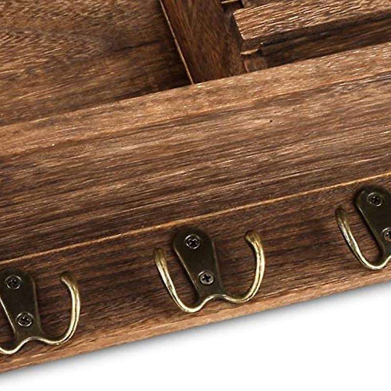 Entryway Mail Envelope Organizer with 4 Key Hooks , Rustic Wood Mail Holder Shelf with Key Hooks Fo
