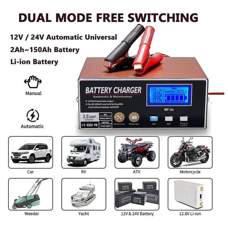 EU Plug Full Automatic Car Battery Charger Intelligent Pulse Repair Battery Charger for 12V/24V Truc