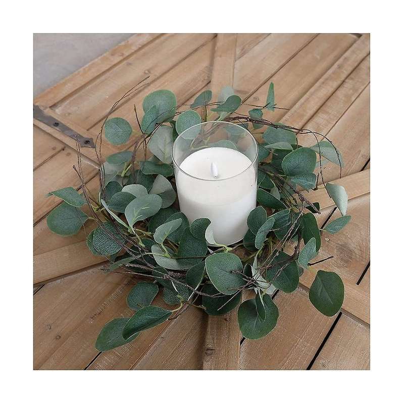 Eucalyptus Leaves Wreath Metal Polyester Fabric Paper Round Green Wreath 14 Inches for The Front D