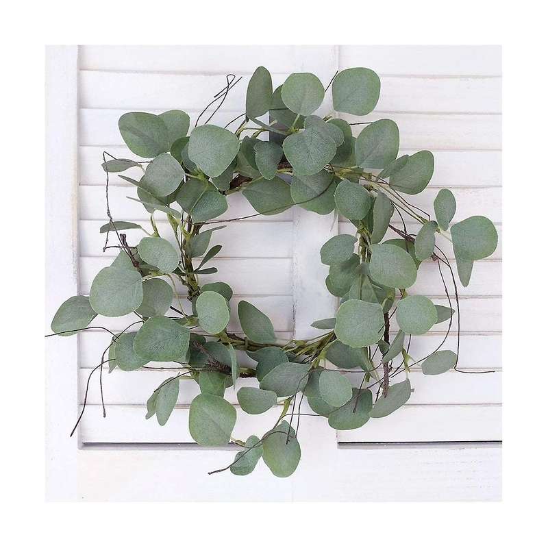 Eucalyptus Leaves Wreath Metal Polyester Fabric Paper Round Green Wreath 14 Inches for The Front D