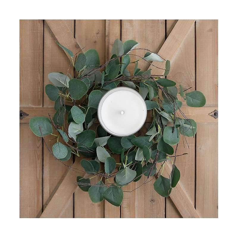 Eucalyptus Leaves Wreath Metal Polyester Fabric Paper Round Green Wreath 14 Inches for The Front D