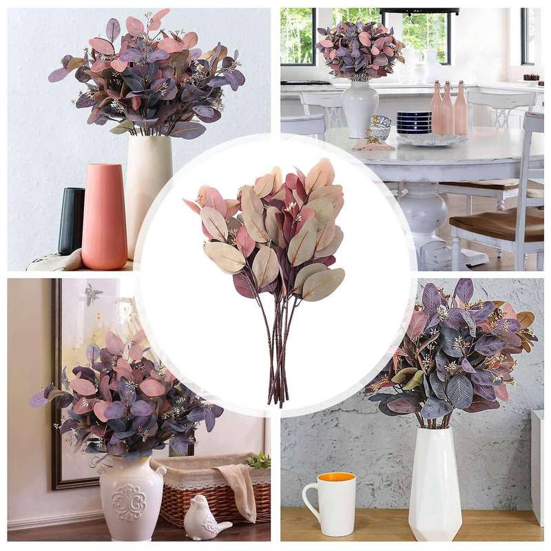 Eucalyptus Stems 8pcs Silk Seeded Greenery Leaves Real Contact Leaf Eucalyptus Branches Sprigs Gray