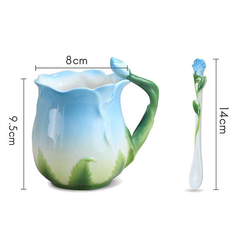 European Style Enamel Ceramic Coffee Mug 3D Rose Flower Shape Teacups Breakfast Milk Cups with Spoon