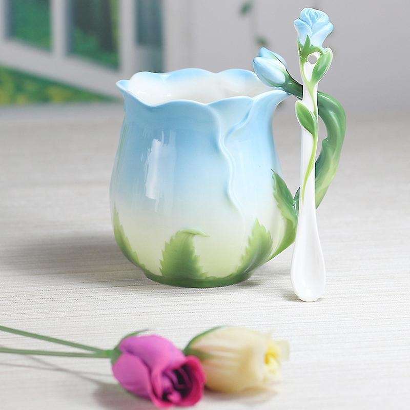 European Style Enamel Ceramic Coffee Mug 3D Rose Flower Shape Teacups Breakfast Milk Cups with Spoon