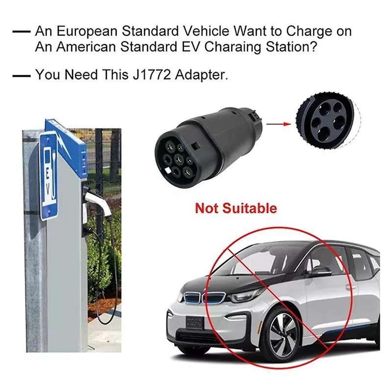 Evse Adaptor 32a J1772 Type 1 to Type 2 Plug Adapter, Electric Vehicle Charger Charging Connector