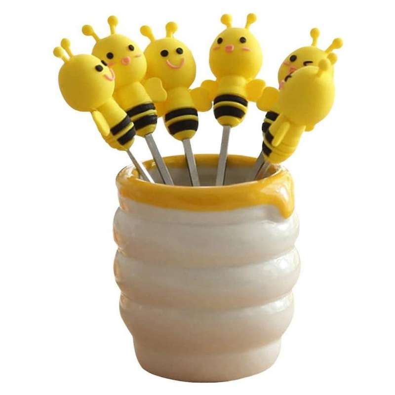 Exquisite and Cute Silicone Bee Fruit Fork Set Stainless Steel Dessert Fork with Ceramic Stand 7 Pie