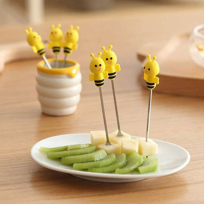 Exquisite and Cute Silicone Bee Fruit Fork Set Stainless Steel Dessert Fork with Ceramic Stand 7 Pie