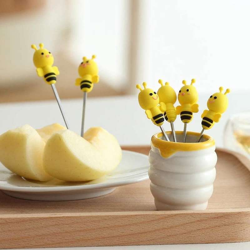 Exquisite and Cute Silicone Bee Fruit Fork Set Stainless Steel Dessert Fork with Ceramic Stand 7 Pie