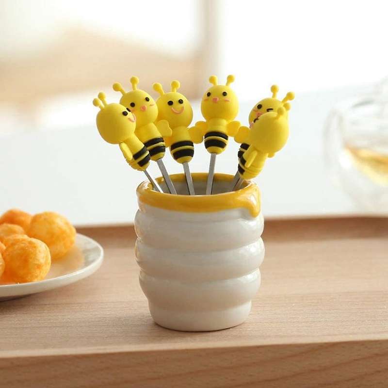 Exquisite and Cute Silicone Bee Fruit Fork Set Stainless Steel Dessert Fork with Ceramic Stand 7 Pie