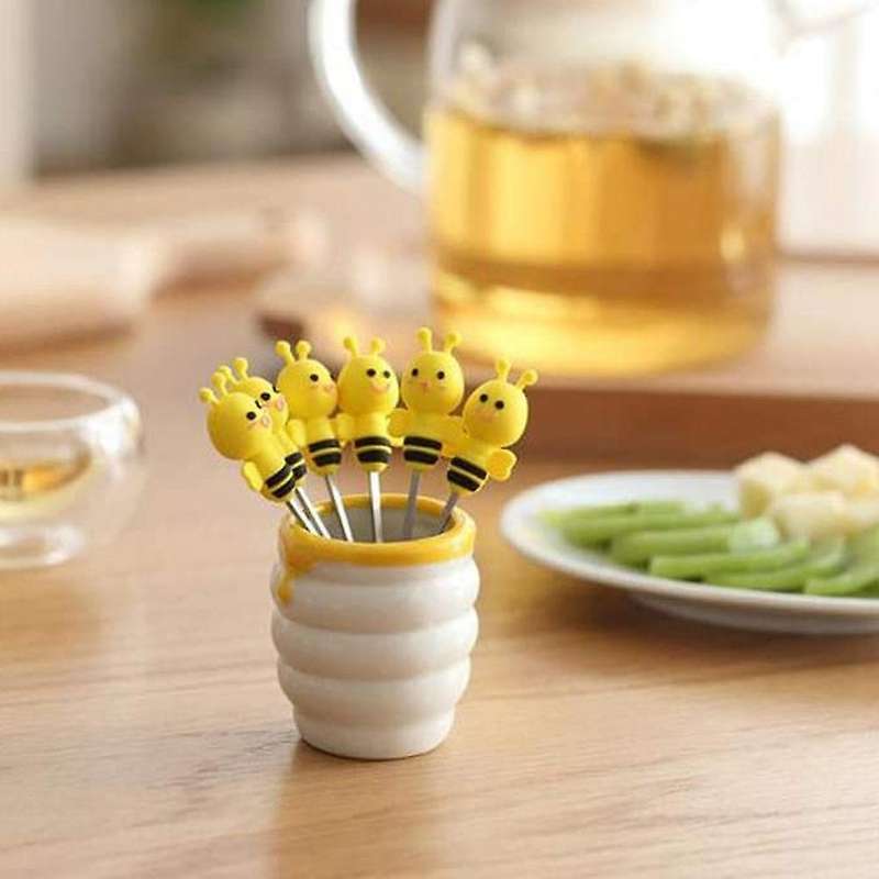 Exquisite and Cute Silicone Bee Fruit Fork Set Stainless Steel Dessert Fork with Ceramic Stand 7 Pie