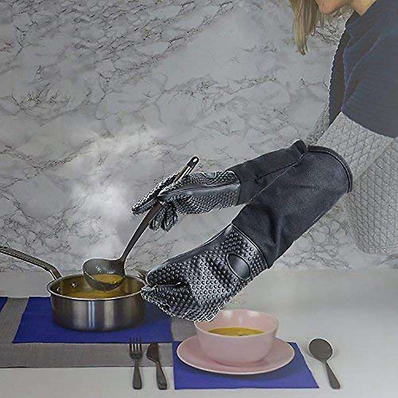 Extra Long Silicone Oven Mitt, Heat Resistant Cooking Glove with Internal Cotton for Kitchen,Bbq,Ba