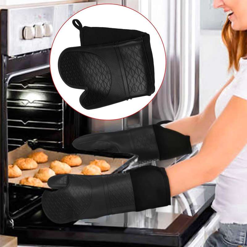 Extra Long Silicone Oven Mitts with Quilted Cotton Lining 2 Pack