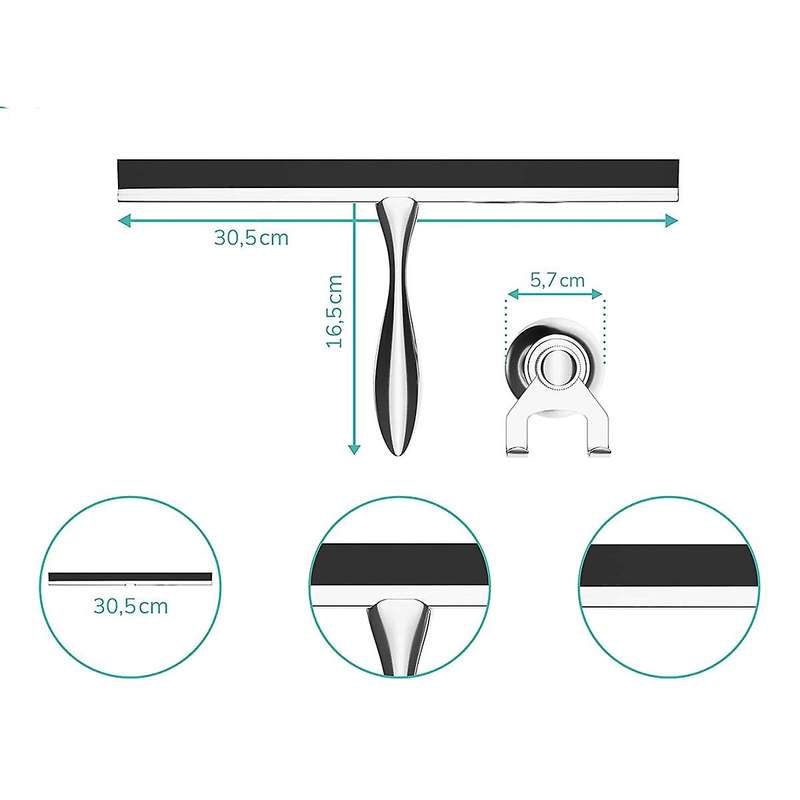 Extra Wide 30.5 Cm Shower Squeegee Stainless Steel with Silicone Lip - Shower Squeegee with Suction