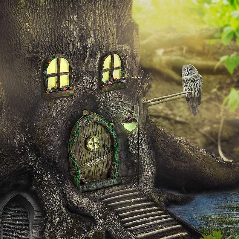 Fairy Door and Windows for Trees - Glow in the Dark Yard Art Sculpture Decoration for Kids Room,wit
