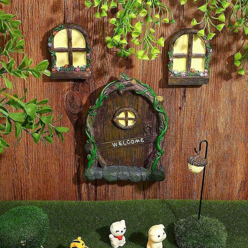 Fairy Door and Windows for Trees - Glow in the Dark Yard Art Sculpture Decoration for Kids Room,wit