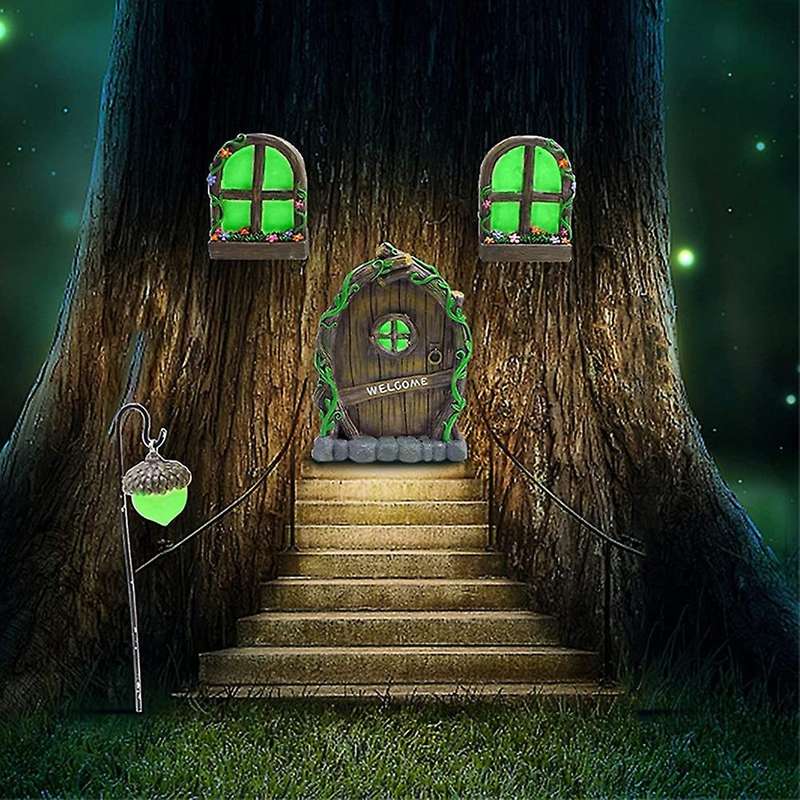 Fairy Door and Windows for Trees - Glow in the Dark Yard Art Sculpture Decoration for Kids Room,wit