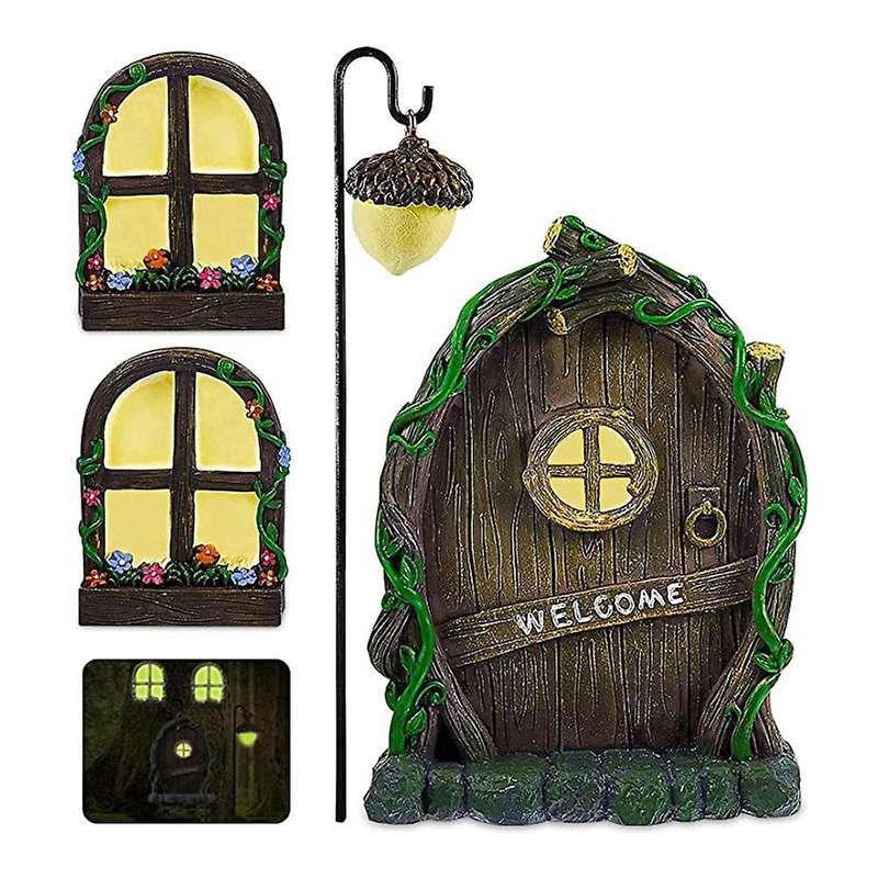 Fairy Door and Windows for Trees - Glow in the Dark Yard Art Sculpture Decoration for Kids Room,wit