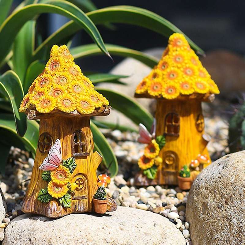 Fairy Garden House Solar Garden Statue Sculpture Outdoor Miniature Statue Decoration Lawn Decoration