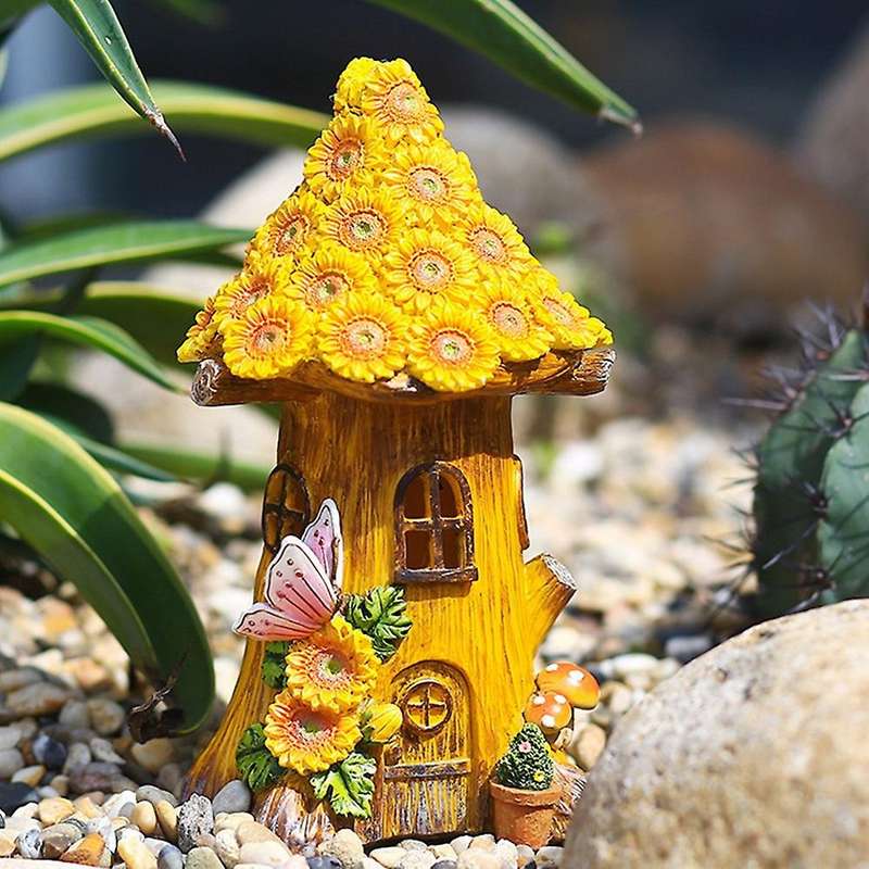 Fairy Garden House Solar Garden Statue Sculpture Outdoor Miniature Statue Decoration Lawn Decoration