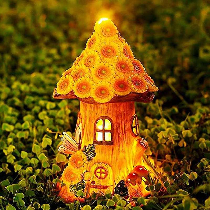 Fairy Garden House Solar Garden Statue Sculpture Outdoor Miniature Statue Decoration Lawn Decoration