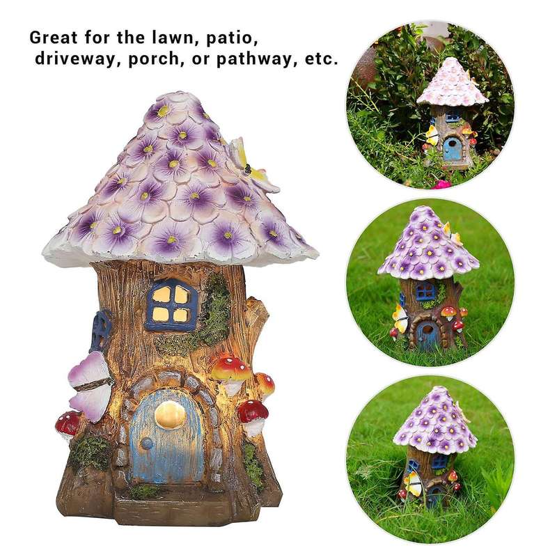 Fairy Garden House Solar Garden Statues Sculpture Miniature Figurine Treehouse Decor Lawn Yard Ornam